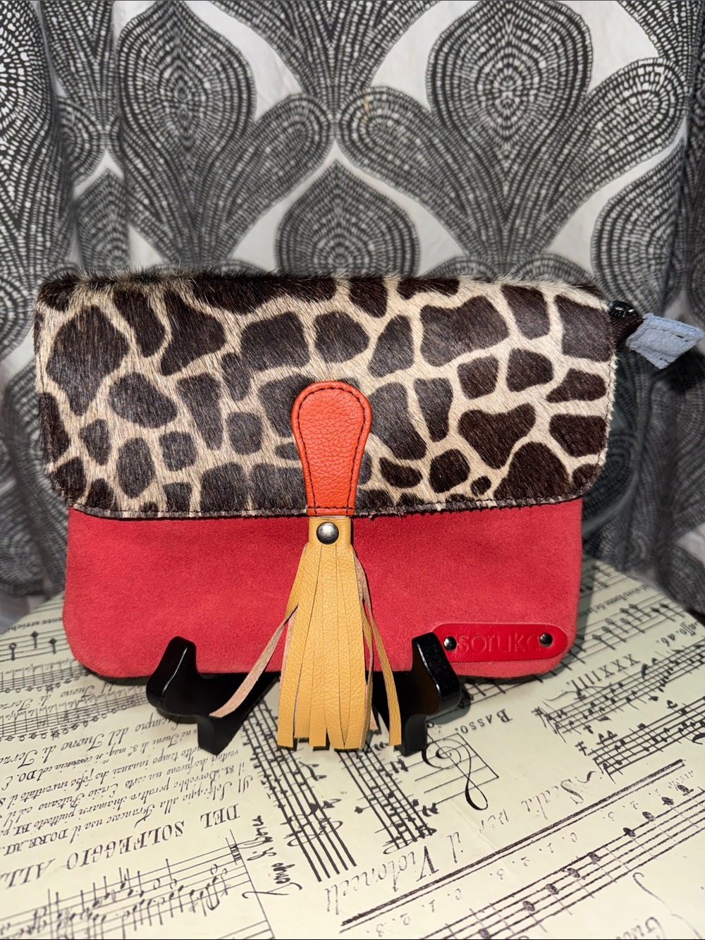 Soruka Handmade Leather Giraffe Calf Hair & Suede Convertible Belt Bag/ Clutch